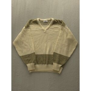 Vintage 1980s INXS‎ Ivory Green V-neck Geometric Wool Blend Sweater L